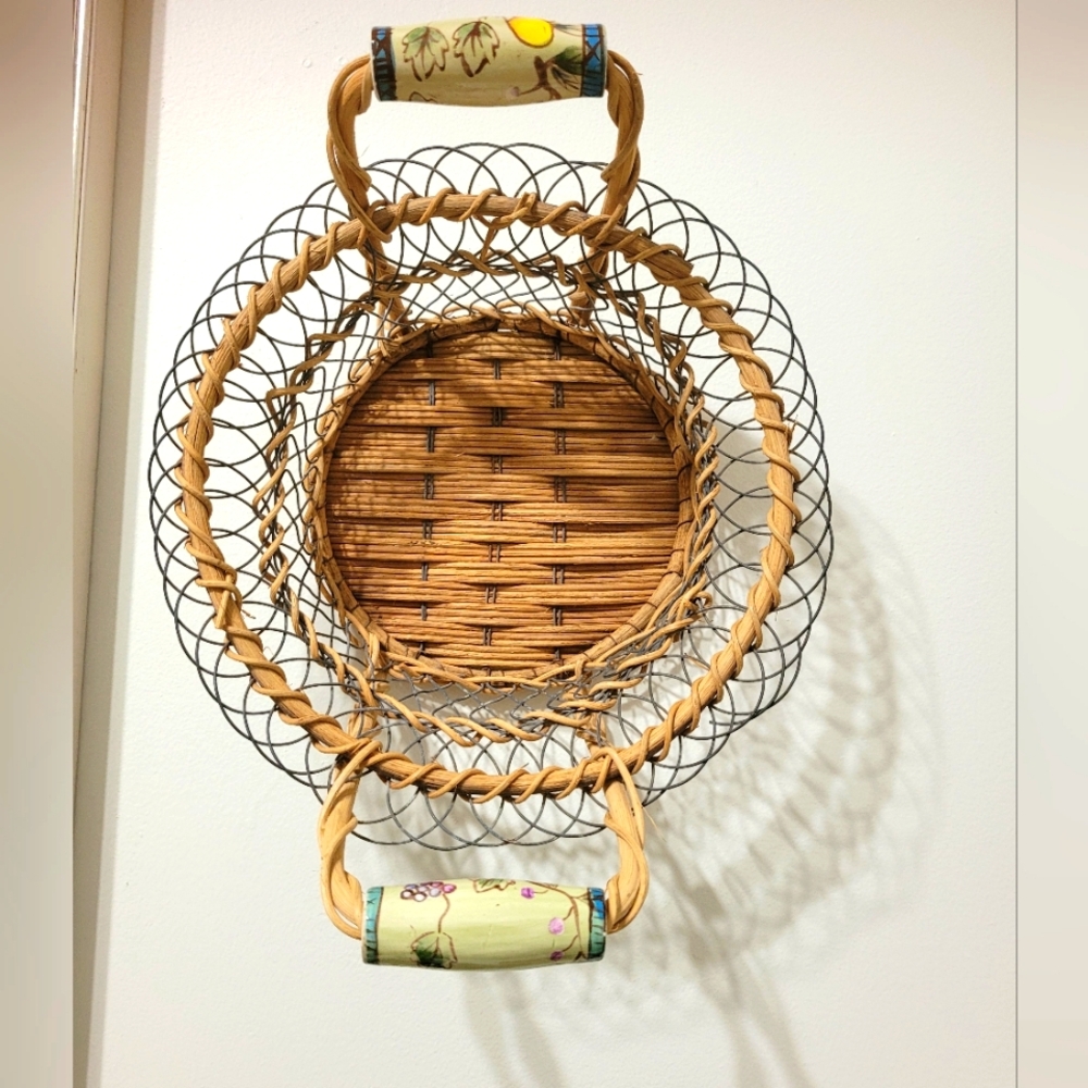 Vintage Wire Egg Fruit Bread Basket  Ceramic Handpainted Handles